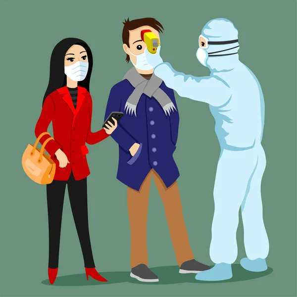 Medic Mede Temperatura Corporal Pessoas Com Máscaras Protetoras —  Vetores de Stock