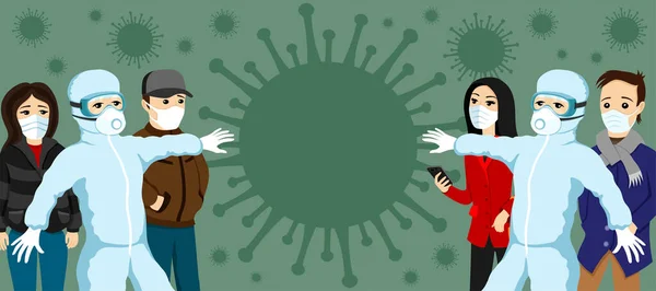 Група Людей Лікарів Захисних Масках Вірусах Зеленому Тлі — стоковий вектор