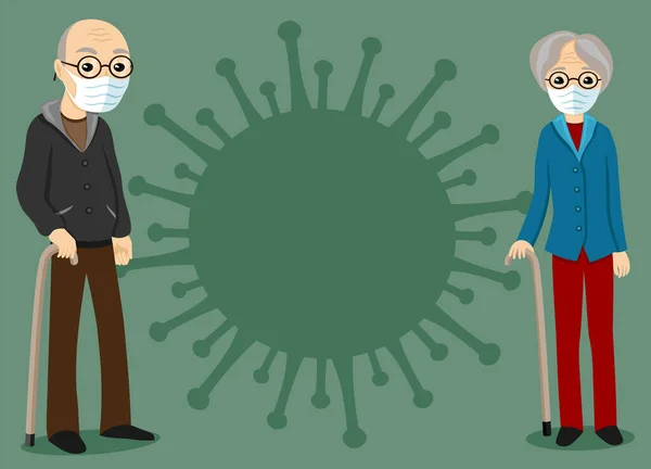 高齢者の夫婦と緑の背景にウイルスの兆候 — ストックベクタ