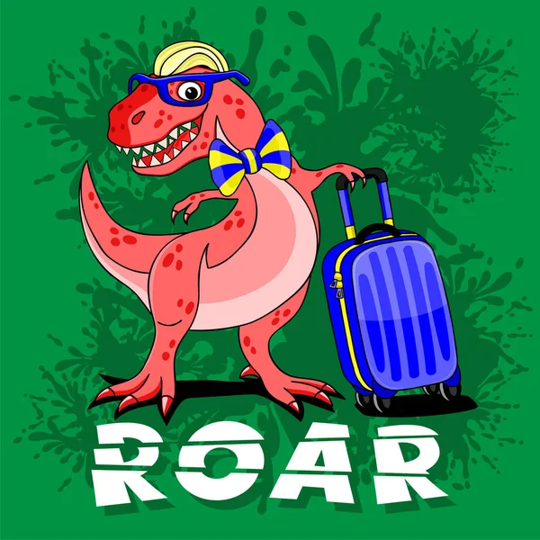 Lustiger Dinosaurier Mit Koffer Auf Grünem Hintergrund — Stockvektor