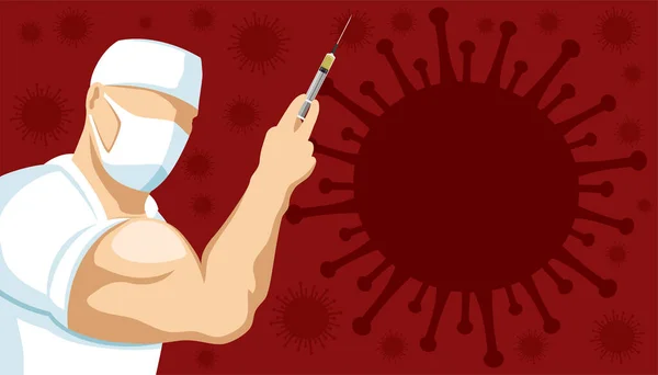 Arzt Schutzmaske Mit Spritze Der Hand Und Viren Auf Rotem — Stockvektor