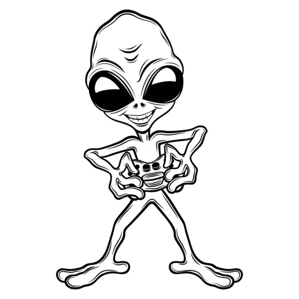 Extraterrestrial Alien Gamer Joystick His Hands White Background — Stock Vector