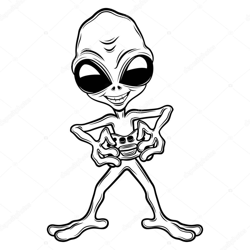 Extraterrestrial alien gamer with a joystick in his hands on a white background.