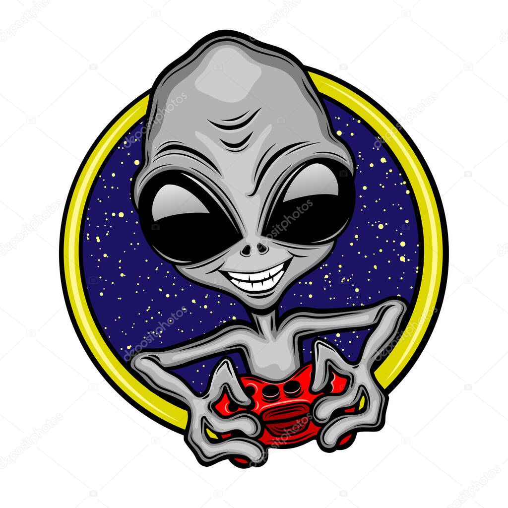 Extraterrestrial alien gamer with a joystick in his hands on a white background.