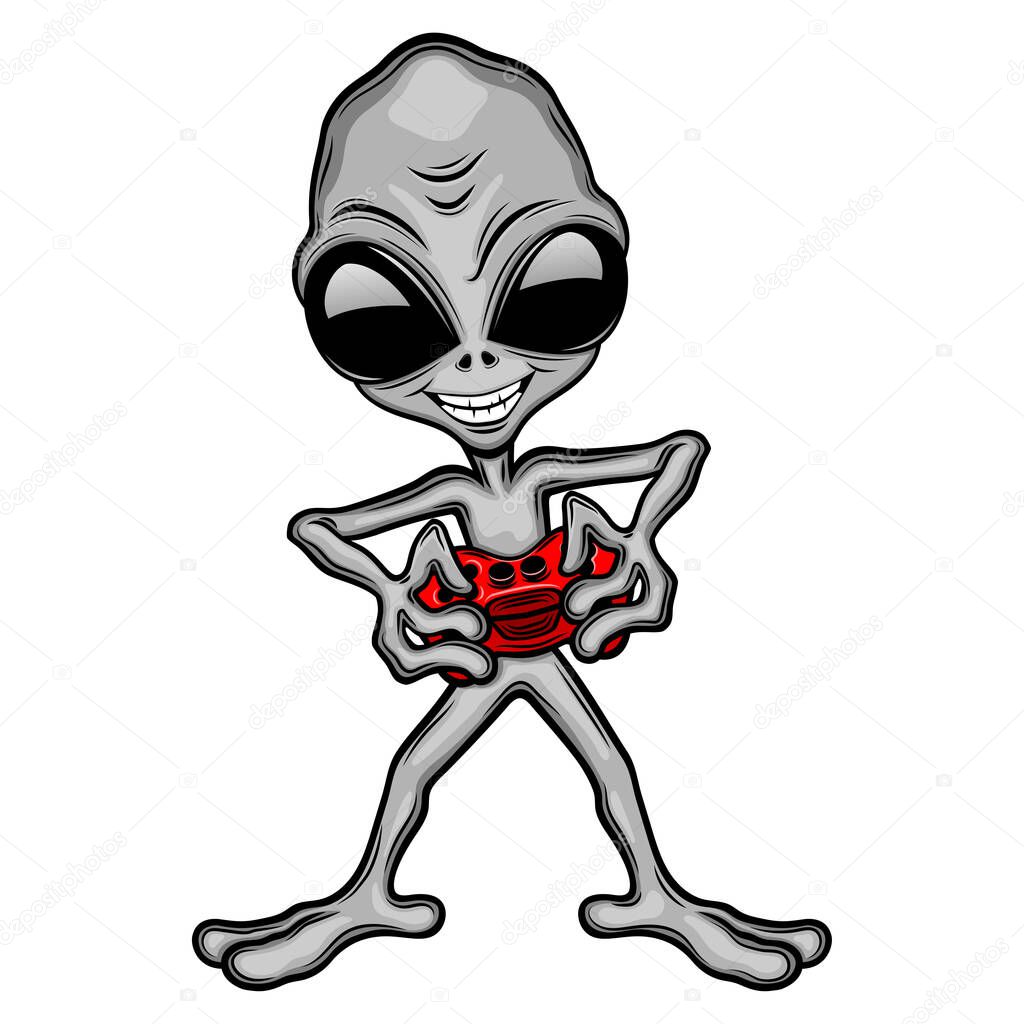 Extraterrestrial alien gamer with a joystick in his hands on a white background.