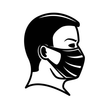 Beyaz arka planda koruyucu maskeli bir adam simgesi.