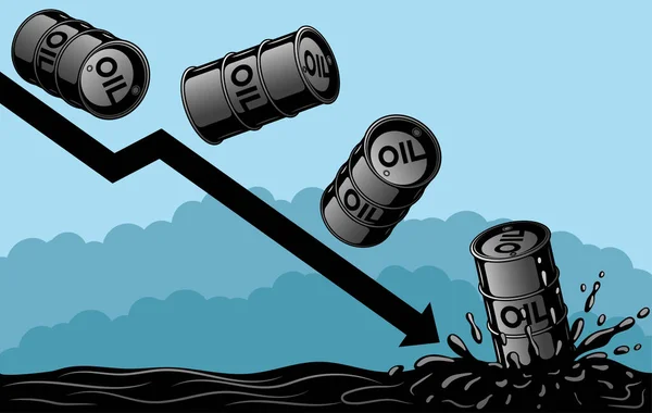 Olievaten Vallen Een Neerwaartse Grafiek Een Blauwe Achtergrond — Stockvector