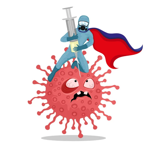 Médico Super Héroe Con Una Jeringa Derrota Coronavirus Sobre Fondo — Vector de stock