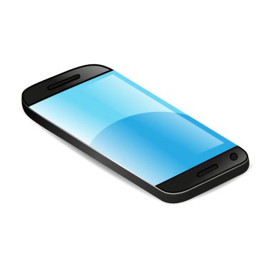 Beyaz arka planda mavi ekranlı siyah akıllı telefon.
