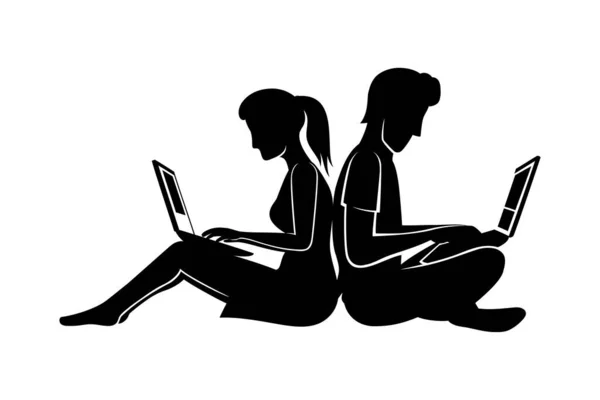白い背景にノートパソコンの看板を持つカップル — ストックベクタ