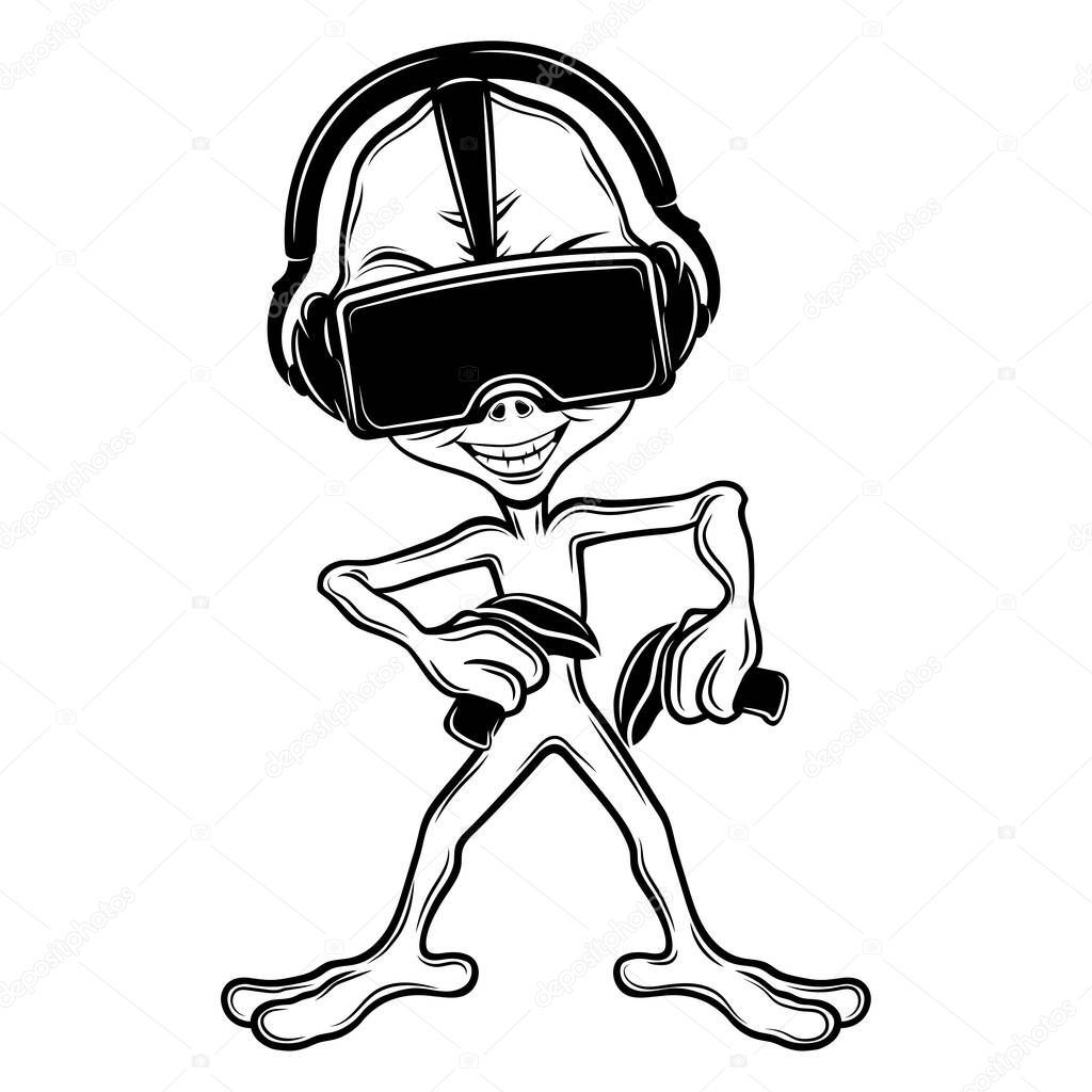 Extraterrestrial alien gamer in virtual reality glasses and headphones.