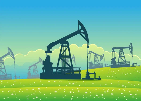 Paisagem Com Plataformas Petróleo Campos Verdes — Vetor de Stock