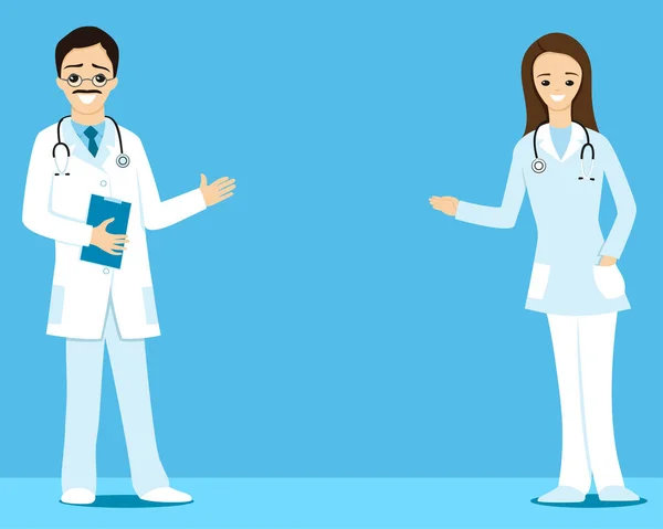 青い背景に聴診器を持つ2人の医師のイラスト — ストックベクタ