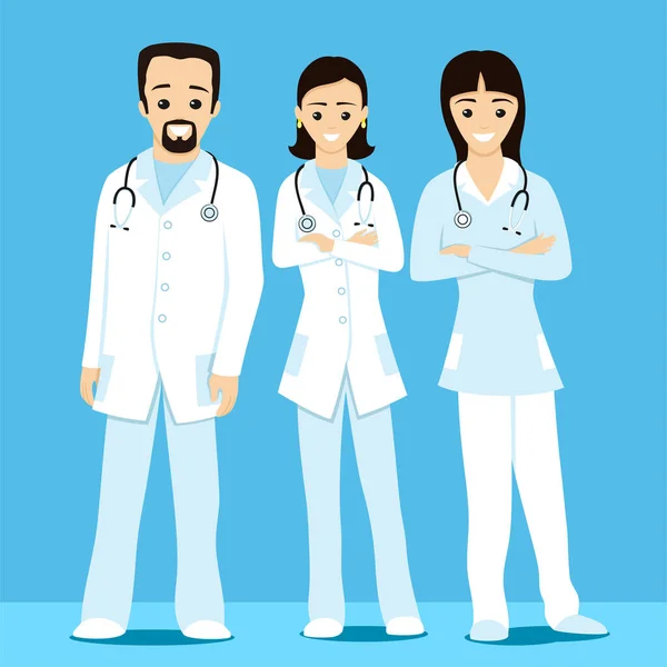 青い背景に聴診器を持つ3人の医師のイラスト — ストックベクタ