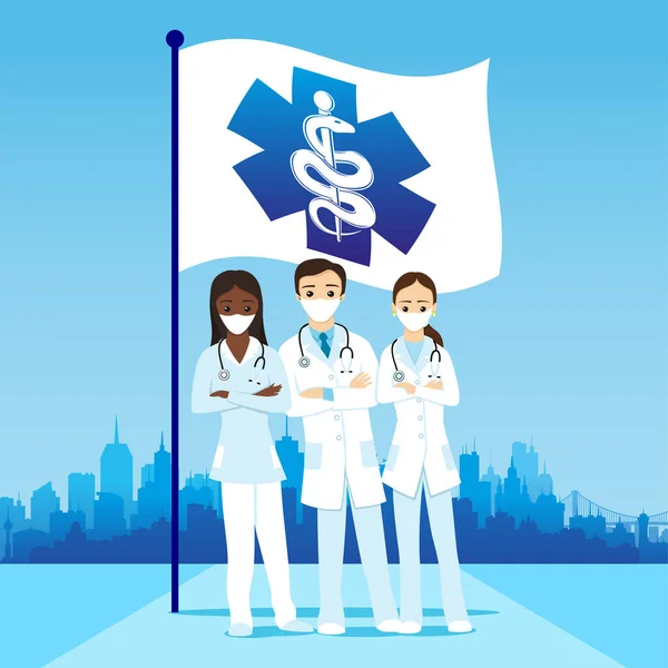 Ilustracja Lekarzami Maskach Ochronnych Flagą Medyczną Tle Miasta — Wektor stockowy