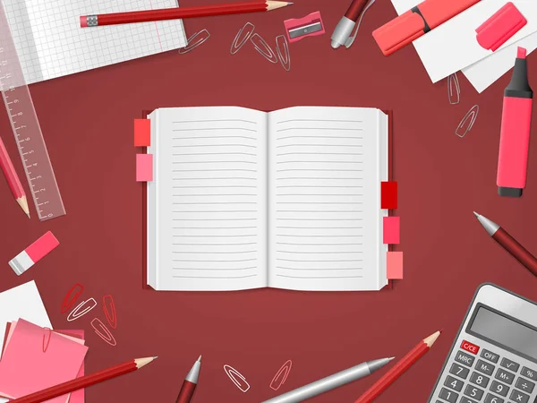 Cuaderno abierto en blanco con útiles escolares — Vector de stock