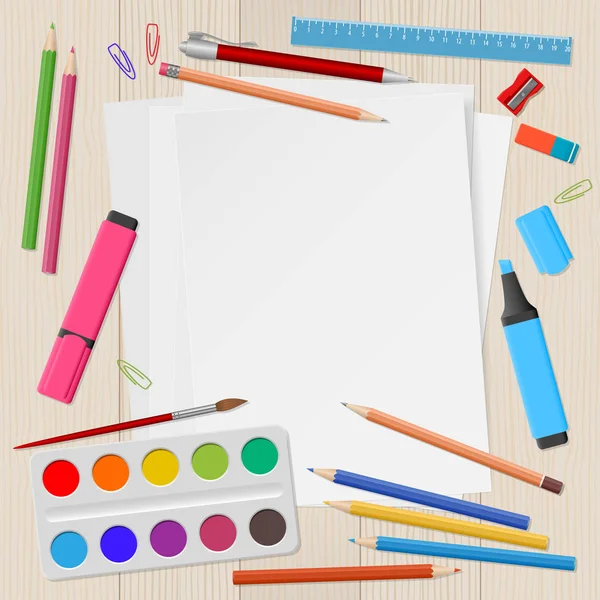 Hojas de papel en blanco con útiles escolares — Vector de stock
