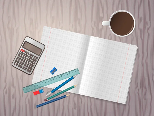 School notebook with school supplies — Stock Vector