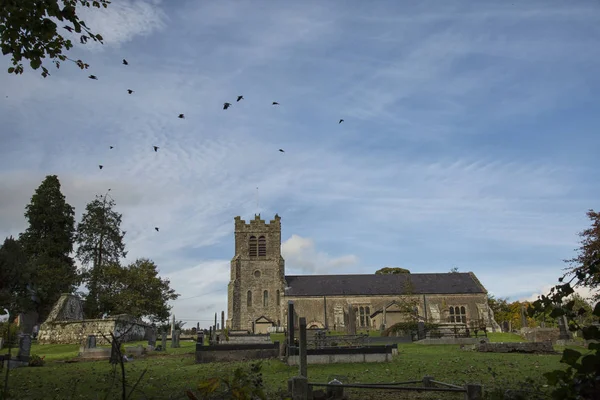 Corbeaux survolant l'église — Photo
