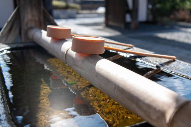 Tapınağa yaklaşırken su kepçesi, Japon su abdest pavyonu, Matsumoto Tapınağı, Matsumoto, Japonya.