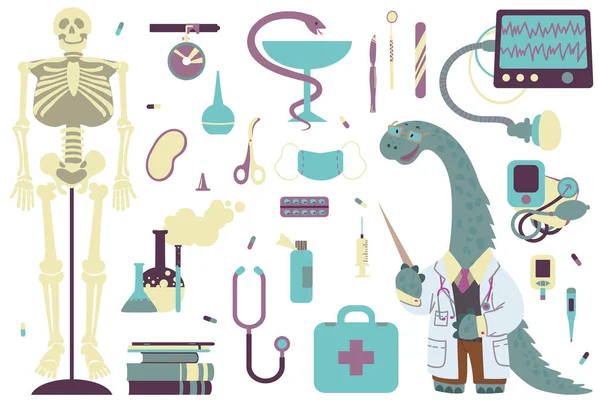 一组关于医学和科学的论题的小组 恐龙博士和药物属性 病媒幻象 — 图库矢量图片