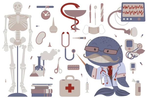 Een Clipart Het Onderwerp Geneeskunde Wetenschap Dokter Walvis Attributen Voor — Stockvector