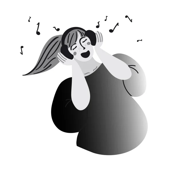 Pijamalı genç bir kadın kulaklıkla müzik dinliyor ve evde dans ediyor. Siyah beyaz grafikler. Vektör illüstrasyonu.