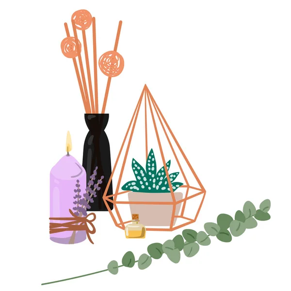 Aromatherapie en hulpmiddelen en middelen voor aromatherapie. Vectorillustratie — Stockvector