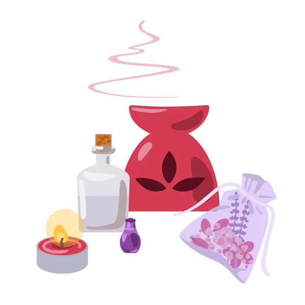 Aromatherapie en hulpmiddelen en middelen voor aromatherapie. Vectorillustratie — Stockvector