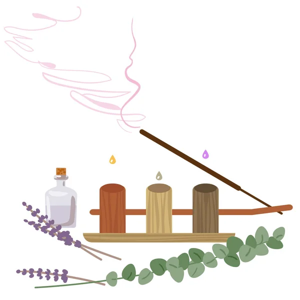 Aromatherapie en hulpmiddelen en middelen voor aromatherapie. Vectorillustratie — Stockvector