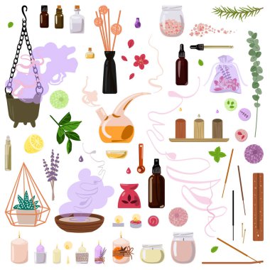 Aromaterapi için geniş bir cihaz seti. Aromatik yağlar, difüzörler, mumlar, tütsü, keseler, bitkiler ve daha fazlası. Vektör.