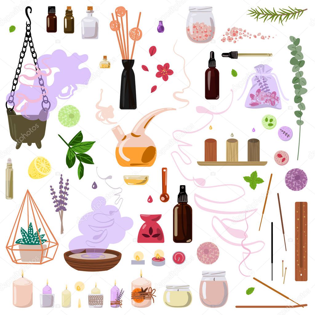 A large set of devices and tools for aromatherapy. Aromatic oils, diffusers, candles, incense, sachets, plants and more. Vector.
