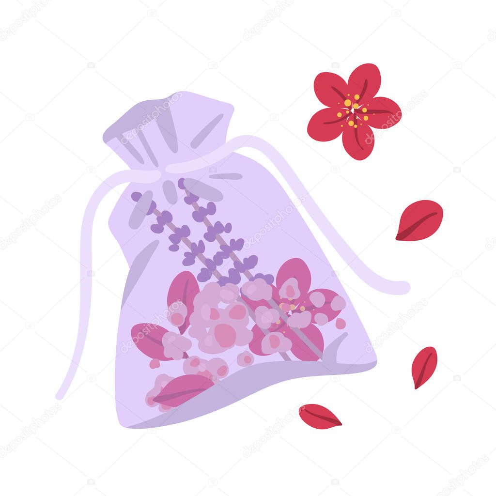 Sachet. Aroma bag with flowers, petals and salt. Vector.