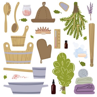 Banyoda buhar çekme temalı büyük bir fotoğraf seti. Vektör.