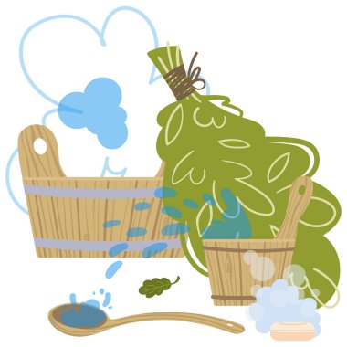 Sauna banyosu için özellikleri ve detayları olan bir resim. Vektör.