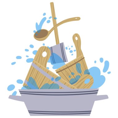 Sauna banyosu için özellikleri ve detayları olan bir resim. Vektör.