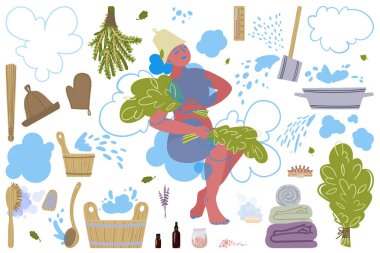 Banyoda buhar çekme temalı büyük bir fotoğraf seti. Vektör.