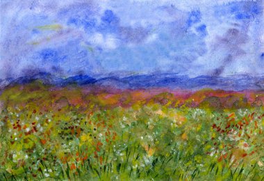 Abstract watercolor illustration - field with flowers and stormy sky