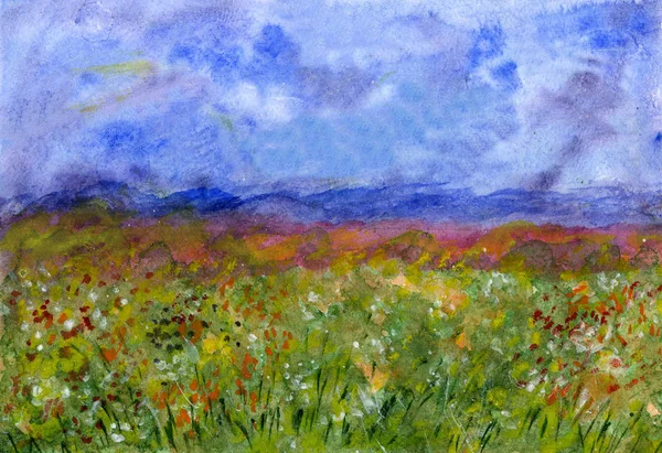 Abstract watercolor illustration - field with flowers and stormy sky