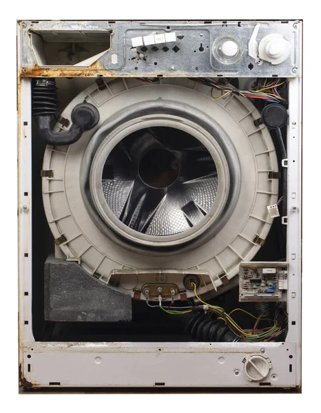 Repair of washing machines, repair of large household appliances. Old rusty broken washing machine without front wall