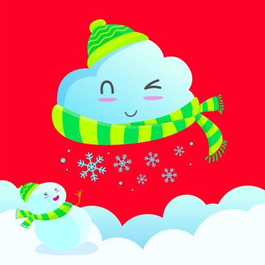 Tatlı bulut ve kar taneli kardan adam, kış havası sembolü..
