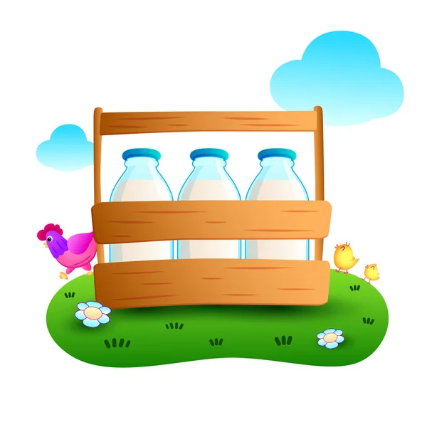 Μπουκαλάκια Γάλακτος Πακέτο Ξύλινο Κιβώτιο Κοτόπουλο Και Παιδιά Στο Παρασκήνιο — Διανυσματικό Αρχείο