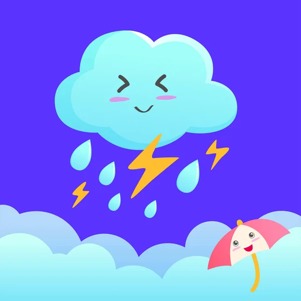 Симпатичное Облако Гром Зонтиком Символ Погоды — стоковый вектор