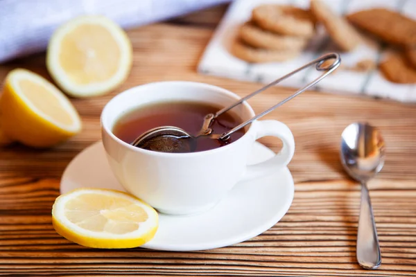 Cap Tea Lemon Cookies Wooden Table Teatime — Stock Photo, Image