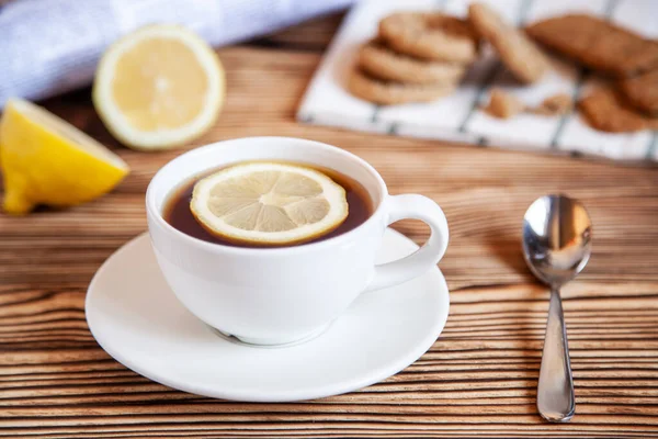 Cap Tea Lemon Cookies Wooden Table Teatime — Stock Photo, Image
