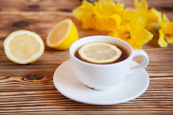 Cap Tea Lemon Flowers Wooden Table Teatime — Stock Photo, Image