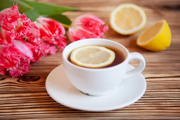 Cap Tea Lemon Flowers Wooden Table Teatime — Stock Photo, Image