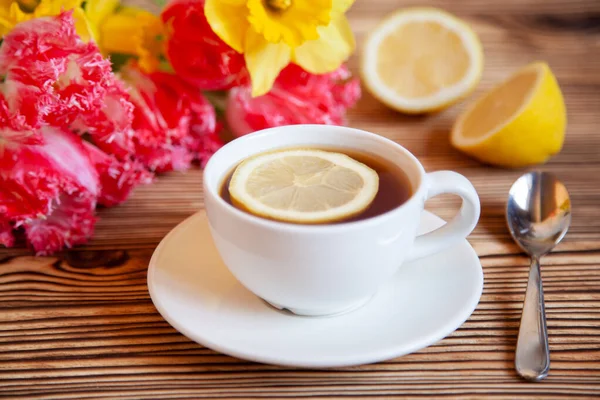 Cap Tea Lemon Flowers Wooden Table Teatime — Stock Photo, Image