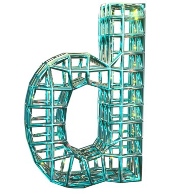 3D görüntüleme. Küçük harf d. Taze köpüklü su aromalı yazı tipi. Yeni yüksek çözünürlüklü sembol. Sihirli ışık. Beyaz arkaplanda izole.