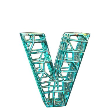 3D görüntüleme. Küçük harf v. Parıldayan Aquamarine yazı tipi. Yeni yüksek çözünürlüklü sembol. Sihir stili ilham verici. Beyaz arkaplanda izole.